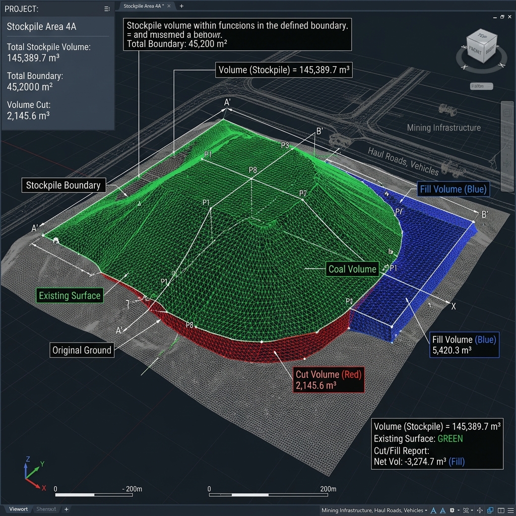 Stockpile volumetric wireframe mesh audit